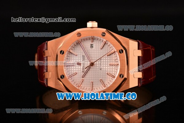 Audemars Piguet Royal Oak 41MM Clone AP Calibre 3120 Automatic Rose Gold Case with White Dial Brown Leather Strap - Stick Markers (EF) - Click Image to Close